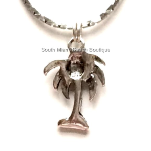 Silver Palm Tree Necklace 18" Island Beach Coconut Rhodium Plated Pendant - Picture 6 of 9